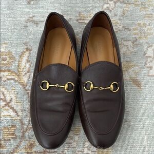 Gucci Jordaan Horsebit Dark Brown Leather Loafers with Gold Detail